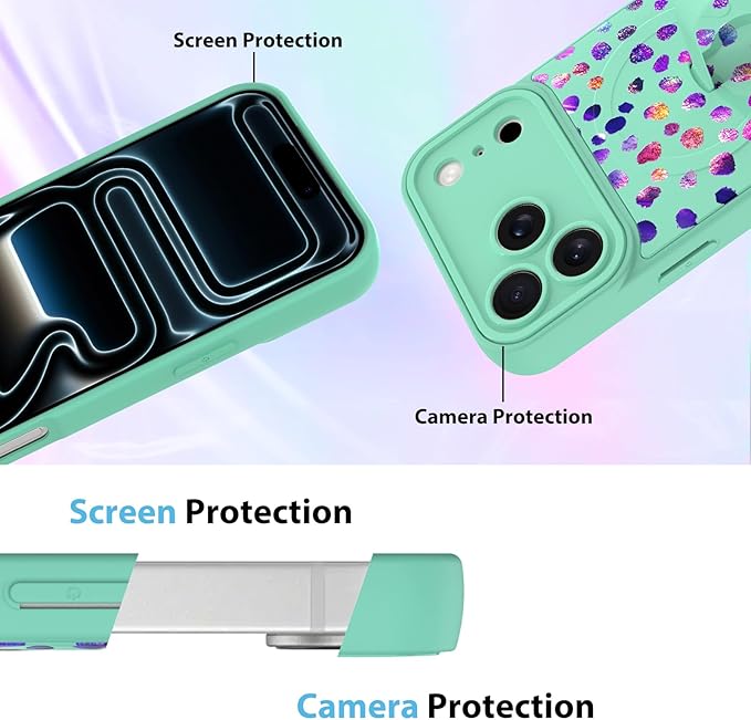 KANGHAR Compatible with iPhone 17 Pro Max Case, Support for MagSafe, Silicone Cute Iridescent Pattern Leopard Print Cheetah, Wristband Kickstand Shockproof Soft Slim Cover for Girls Women, Green