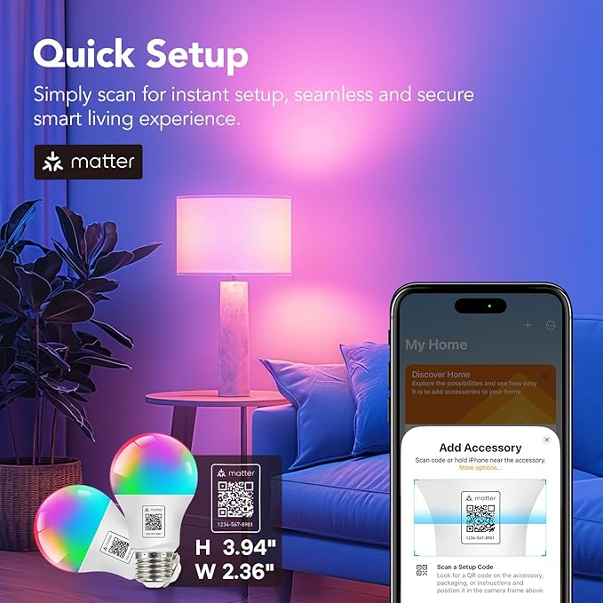 OREiN Matter Smart Light Bulb, Smart Light Bulbs Work with Apple Home, Alexa, Google Home, SmartThings, A19 Color Changing Light Bulbs 2.4Ghz WiFi, 800 Lumens Equivalent 60W 4Pack (Pack of 2)