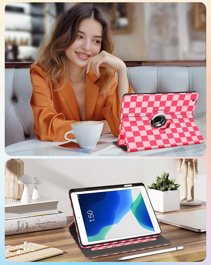 Kidcube for iPad 9th/8th/7th Generation Case 10.2 Inch - for Women Girls Cute Rotating Stand Folio Cover with Pencil Holder & Card Slot Girly Plaid Unique Design Teens for iPad 9th/8th/7th Gen Cases
