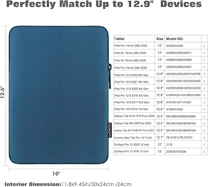 MoKo 13 Inch Tablet Sleeve Fits New 13inch iPad Air M4 2026, iPad Pro M5/M4/Air M3/M2 13", iPadPro 12.9", Galaxy Tab S8+/S9+ 12.4", Polyester Bag Fit with Apple Pencil or Smart Keyboard, Peacock Blue