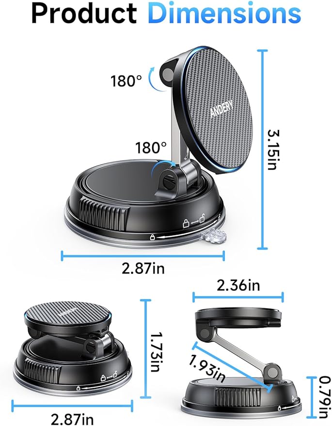ANDERY Only for iPhone Magsafe Car Mount Charger [15W Fast Wireless Charging, 78+LBS Strong Suction 2400gf Strong Magnetic] 360° Adjustable Car Phone Holder, Phone Holders for Your Car for pats & mats