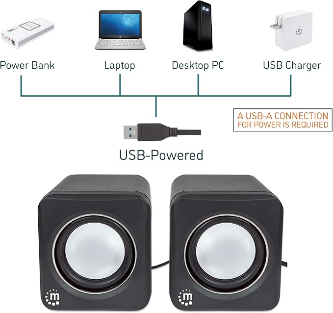 MANHATTAN USB Powered Stereo Speaker System - Small Size - with Volume Control & 3.5 mm Audio Plug to Connect to Laptop, Notebook, Desktop, Computer - 3 Yr Mfg Warranty - Black Silver, 166898