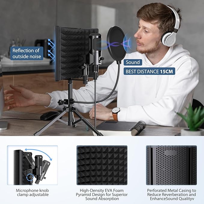 Studio Recording Microphone Isolation Shield with Pop Filter and Metal Tripod Stand USB Condenser Mic to PC Laptop Smartphone, Mic for Recording Singing Podcasting