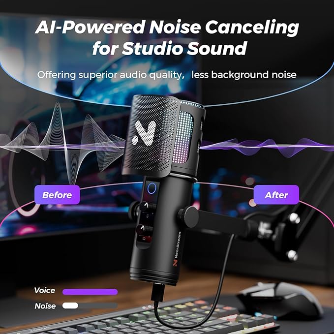 NearStream RGB Gaming Microphone for PC with Noise Canceling/Monitor/Mute/Gain/Removable Pop Filter, USB Condenser Mic with Boom Arm for Stream/Podcast/Twitch/Discord/YouTube/PS4/PS5(AM30U)