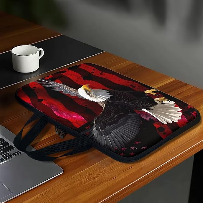 15 Inch American USA Flag Eagle Laptop Sleeve, Protective Tablet Case with Handle, Patriotic Computer Bag Carrying Case Notebook Cover Messenger Briefcase for Travel/Business/School