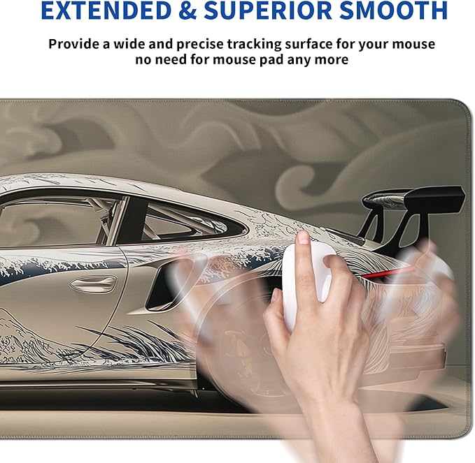 White Ukiyo-e Style Sports Car Mouse Pad Abstract White Mouse Pad 31.5x11.8 Inch Texture Non-Slip Rubber Base Large Mousepad Stitched Edges Keyboard Mouse Mat Desk Pad for Office and Home