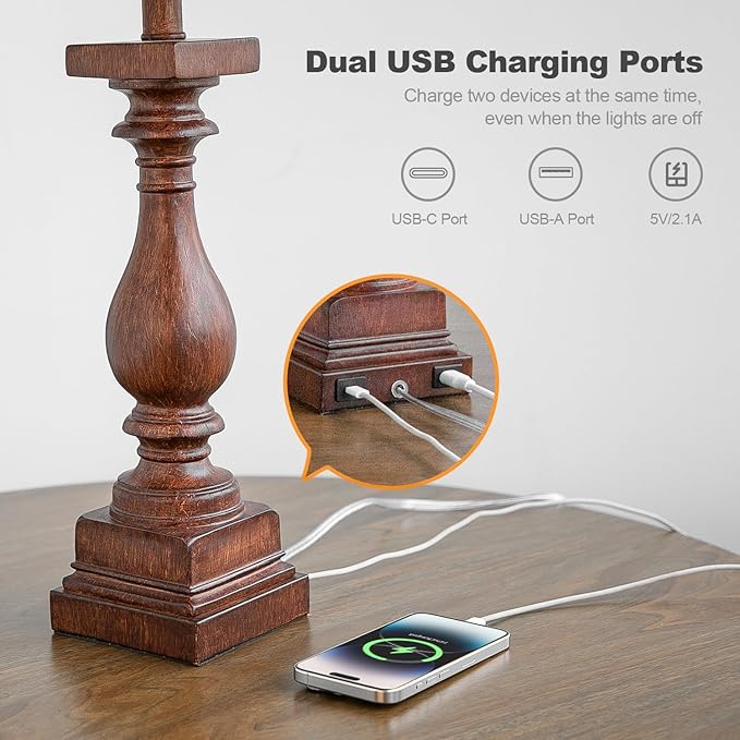 BOBOMOMO 27" Farmhouse Living Room Lamps with USB-A +C Ports, Vintage Rustic Bedside Night Stand Lamps Set of 2, Linen Shade, Retro Side Table Lamps for Living Room, Bedroom (Blubs not Included)