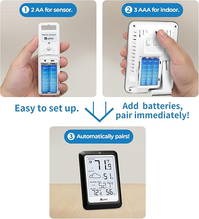 Indoor Outdoor Thermometer Hygrometer Wireless Weather Station, Temperature Humidity Monitor Battery Powered Inside Outside Thermometers with 330ft Range Remote Sensor(Black)