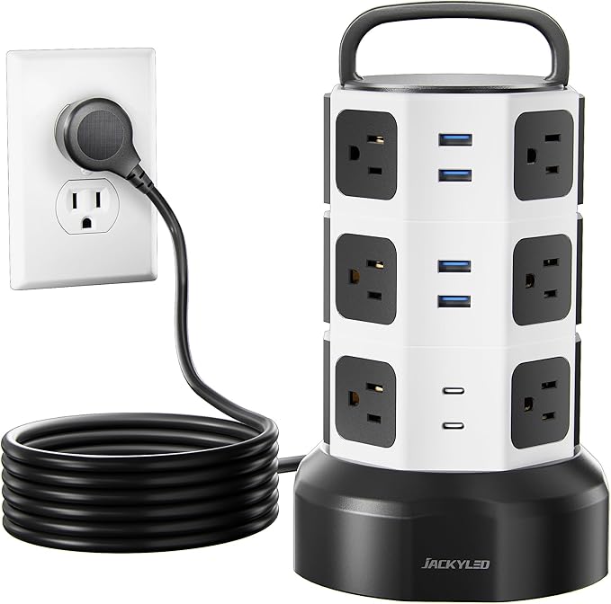 【10ft】 Power Strip Tower JACKYLED Surge Protector Electric Charging Station with 13A 12 Outlets 6 USB Ports Heavy Duty Extension Cord for Home Office Computer Nightstand Laptop Phone White Black
