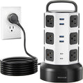 【10ft】 Power Strip Tower JACKYLED Surge Protector Electric Charging Station with 13A 12 Outlets 6 USB Ports Heavy Duty Extension Cord for Home Office Computer Nightstand Laptop Phone White Black