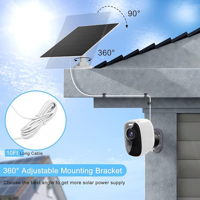 DCT Solar Panel for Security Camera, 5W with Micro USB & Type-C Port, IP65 Waterproof Outdoor DC 5V Rechargeable Battery 360° Adjustable Mounting Bracket, 10ft Cable, Black, 6.6*4.85*1.5IN, S5