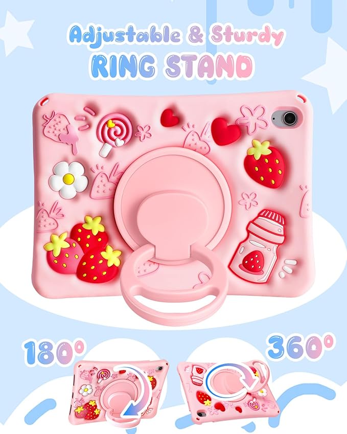 Boaretiu for iPad A16 Case/10th Generation Case - for Girls Teens Strawberry Soft Silicone Cute with Shoulder Strap & Rotating Stand for iPad 11th Generation Case 11 Inch 2025