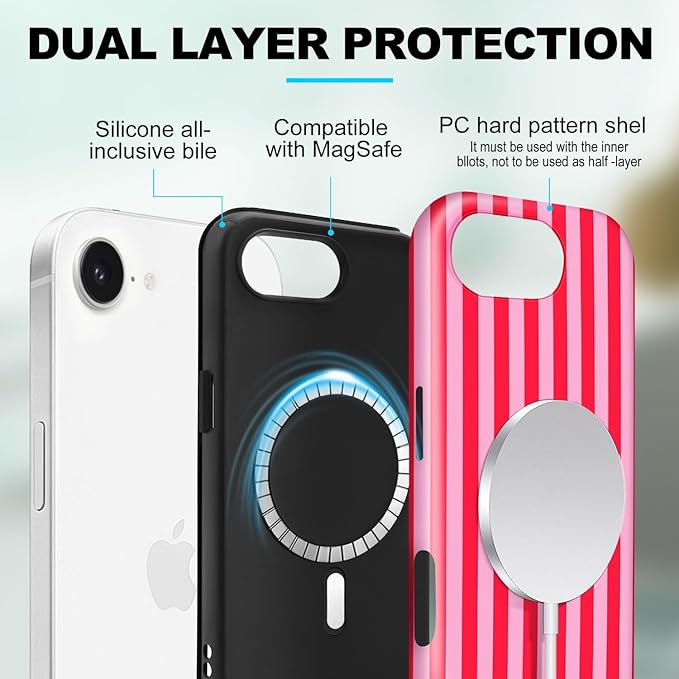 Magnetic for iPhone 16e Case Cute Stripes Phone Case, Shockproof Slim TPU and Hard PC Protective Phone Cover Compatible with MagSafe Designed for Women Girls, Red and Pink