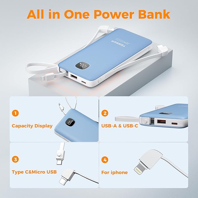 TESSAN Portable Charger with Built in Cables, 10000mAh Power Bank Fast Charging with Foldable AC Plug, PD20W Compact Battery Pack Travel Essentials for iPhone 17/16 Series, Samsung, Tablets, Blue