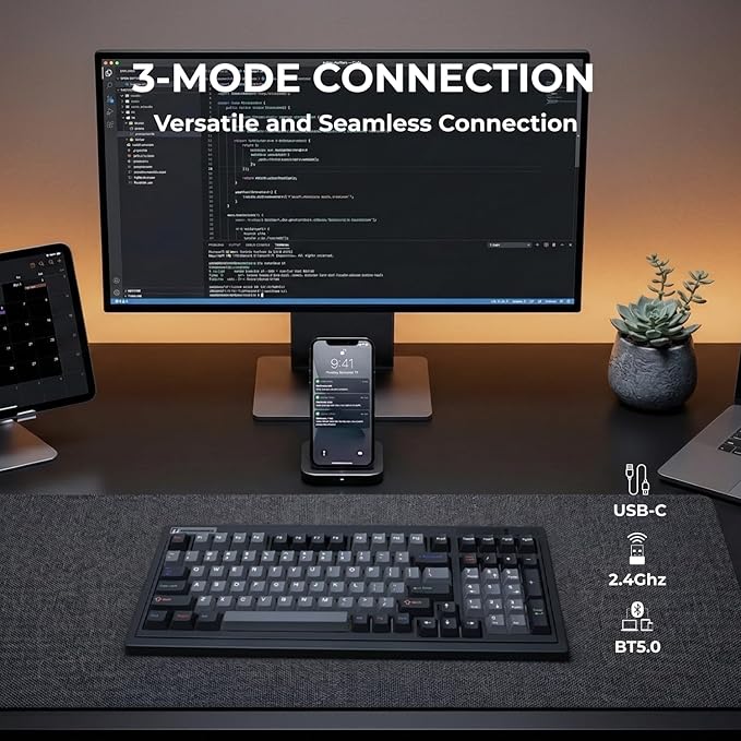 FL·ESPORTS OG98 Retro Mechanical Keyboard Wireless 2.4GHz/Bluetooth 5.0/USB-C, 96% Gasket Mount Hot Swappable Gaming Keyboard, PBT Keycaps, 4000mAh for Mac/PC -Tactile Switches | Black