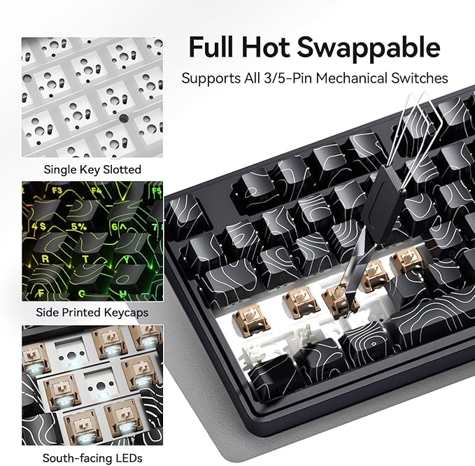 AUSDOM Wireless Mechanical Gaming Keyboard: 10000mAh Battery Tri-Mode 2.4G/BT5.3/USB-C Hot Swappable Custom Keyboard with RGB Backlit, Side Printed PBT Keycaps, 15-Layer Gasket Structure, Topographic