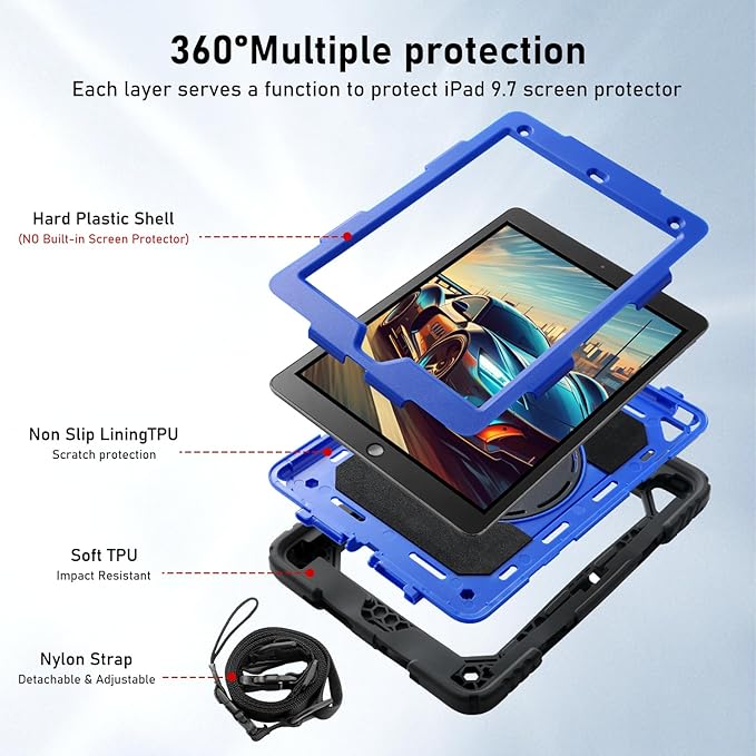 for iPad 6th Generation/iPad 5th Gen/iPad Air 2/iPad Pro 9.7" Case with Cute Key Chain, Rugged Protective Case with Rotating Stand & Shoulder Hand Strap for iPad 6th/5th/ Air 2 (Black+Blue)