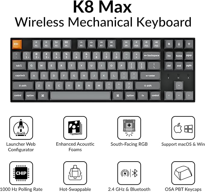 Keychron K8 Max Custom Mechanical Keyboard Wireless, TKL 2.4 GHz/Bluetooth 5.1/Wired QMK Programmable RGB, Hot-Swappable with Keychron Super Red Switch Compatible with Mac Windows Linux
