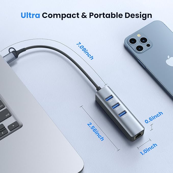 USB to Ethernet Adapter, ABLEWE USB 3.0/USB C to RJ45 Network Internet 2.5Gbps, Compatible with MacBook/Pro/Air, iPhone 15/16 Pro/Max, iPad Pro, Surface Pro, Windows 11/10/8/7, MacOS, Chromebook