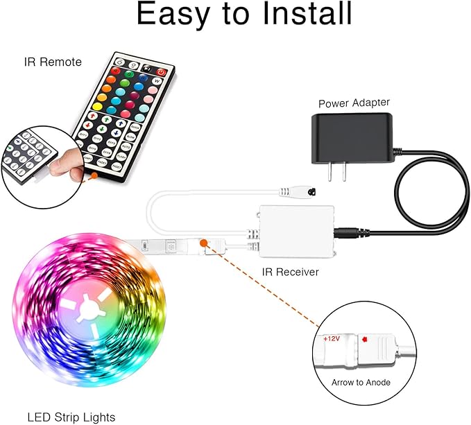 dalattin Led Lights for Bedroom 50ft, RGB 5050 Led Strip Lights Color Changing Kit with 44 Keys Remote Controller and 12V Power Supply Led Light Strips Indoor Decoration