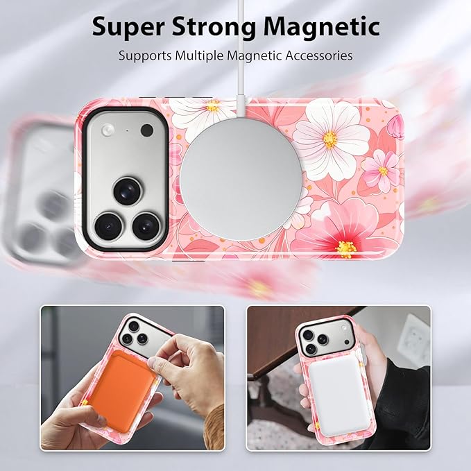 KANGHAR Compatible with iPhone 17 Pro Case, Support for MagSafe, Silicone Flower Floral Cute Pattern, Finger Hold Wristband Kickstand Camera Protection Soft Slim Phone Case for Girls Women -Pink