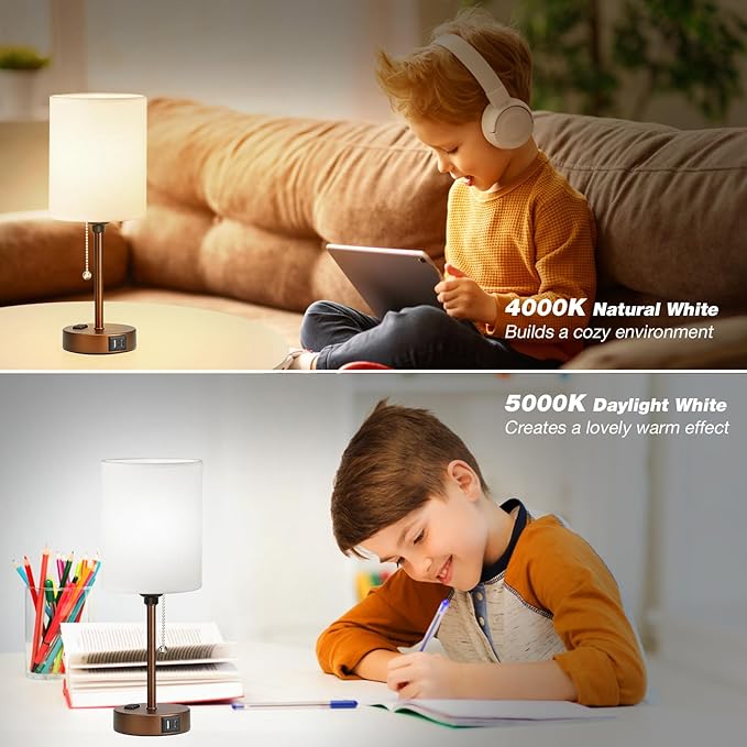 Dicoool Small Bedside Table lamp for Bedroom - 3 Color Temperatures Brown Bedside Lamps with USB C and A Ports, Pull Chain Table Lamps with AC Outlet, Black Nightstand Lamps for Kids Reading Study
