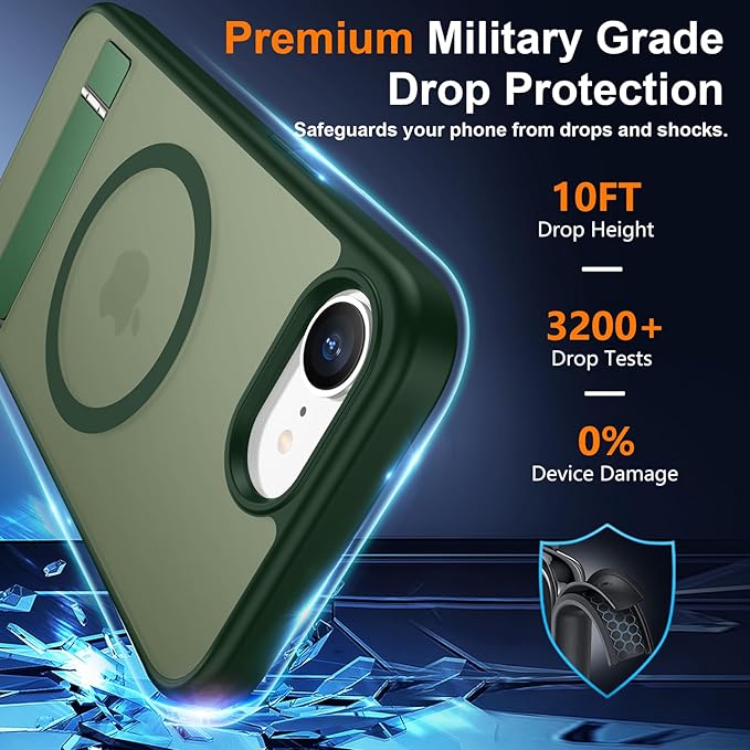 SPIDERCASE Magnetic for iPhone 17e Case for iPhone 16e Case, with [3 Stand Ways] [Military Grade Drop Protection] Invisible Stand Shockproof Slim Case for iPhone 17e/16e 6.1 inch, Green