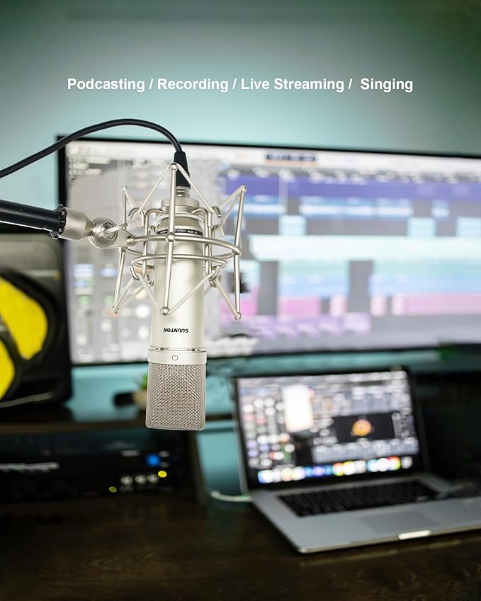 SUUNTOK XLR Microphone, Professional Condenser Microphone with 34mm Large Diaphragm, Cardioid Studio Recording Mic Computer Gaming PC TM87KB Mic Kit for Singing, Podcasting, YouTube (Silver)