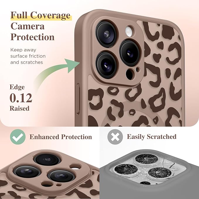 GVIEWIN for iPhone 16 Pro Case Compatible with MagSafe, [Military Grade Protection] [Screen Protector] Full Camera Protection Floral Translucent Women Magnetic Phone Case, Leopard/Brown