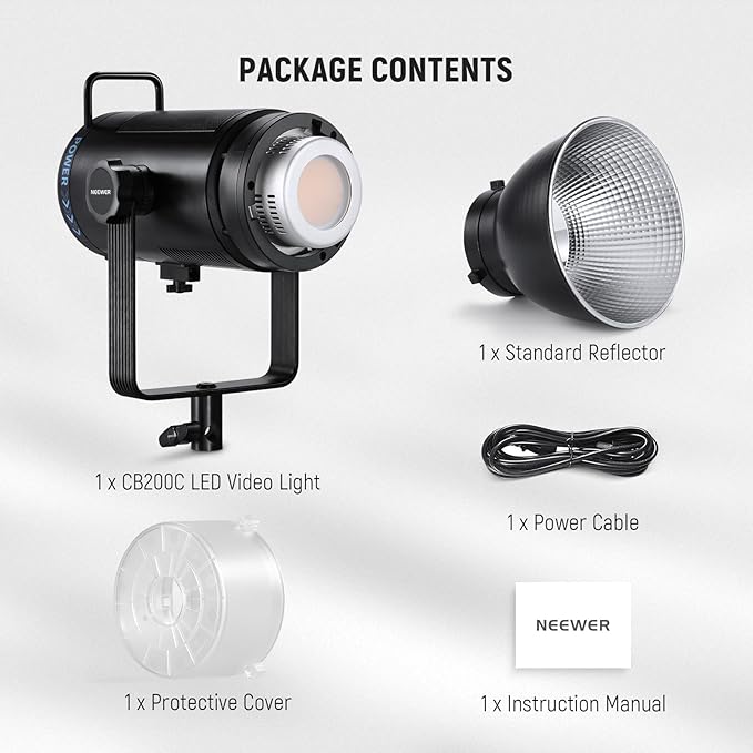 NEEWER CB200C 200W RGBWW COB LED Video Light, APP/2.4G 360° Color 2500K-7500K (Duv±0.0003) 23000lux/m Bowens Metal Shell Silent Continuous Output Lighting TLCI/CRI97+ for Photography Video Recording