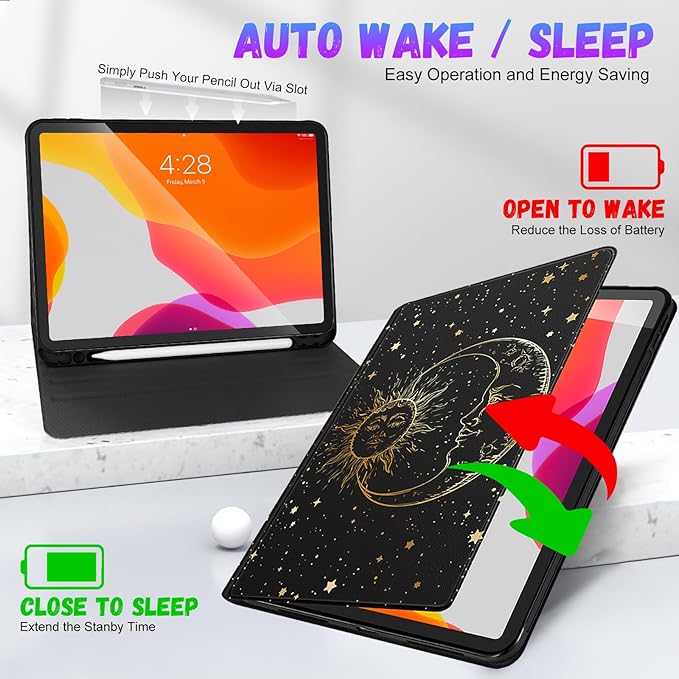 Uppuppy for iPad Air 11 inch (M2/M3) Case, Air 5th/4th Generation 10.9, Pro 11'' Case Cute Kids Women Girls Folio Sun Moon Pencil Holder Cover for iPad Air 11 2024/2025, 10.9 2022 2020, Pro 11