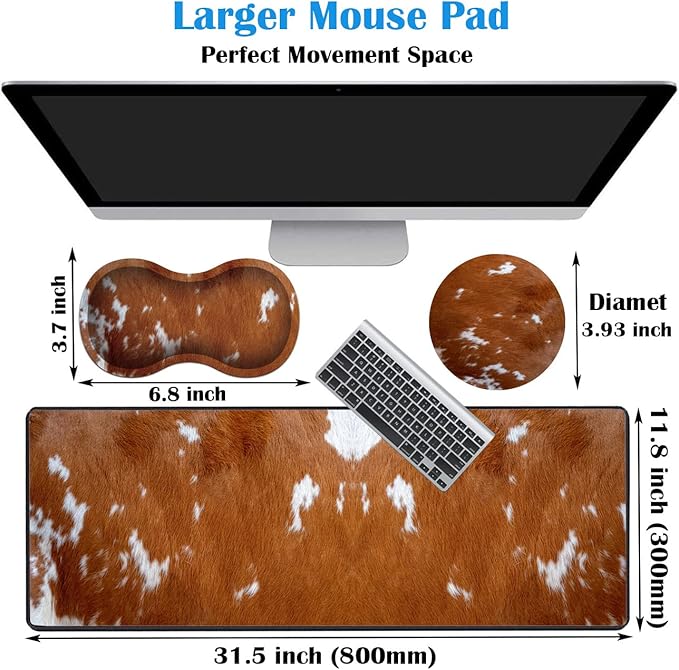 3 Piece Mouse Pad Set with Stitched Edge Large Anti-Slip Mouse Pad Desk Pad Keyboard Pad + Wrist Rest Pad + Coaster, Memory Foam Wrist Rest for Office/Home, Cowhide Leopard Brown Cow