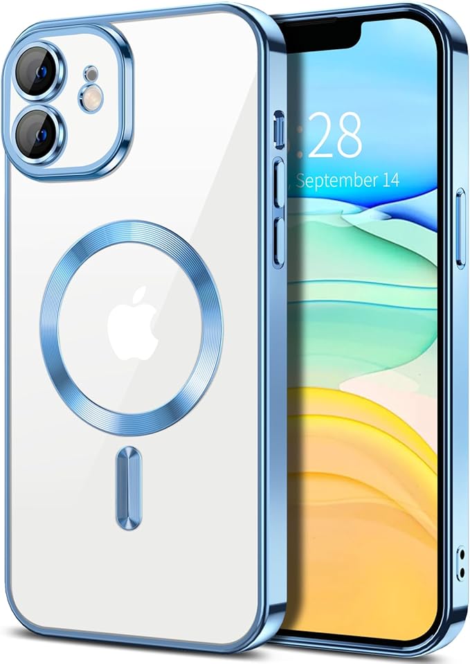 Hython Magnetic Clear for iPhone 11 Case with Camera Lens Protector [Compatible with MagSafe] Luxury Plating Edge Slim Soft TPU Cover Protective Phone Case for iPhone 11 6.1", Light Blue