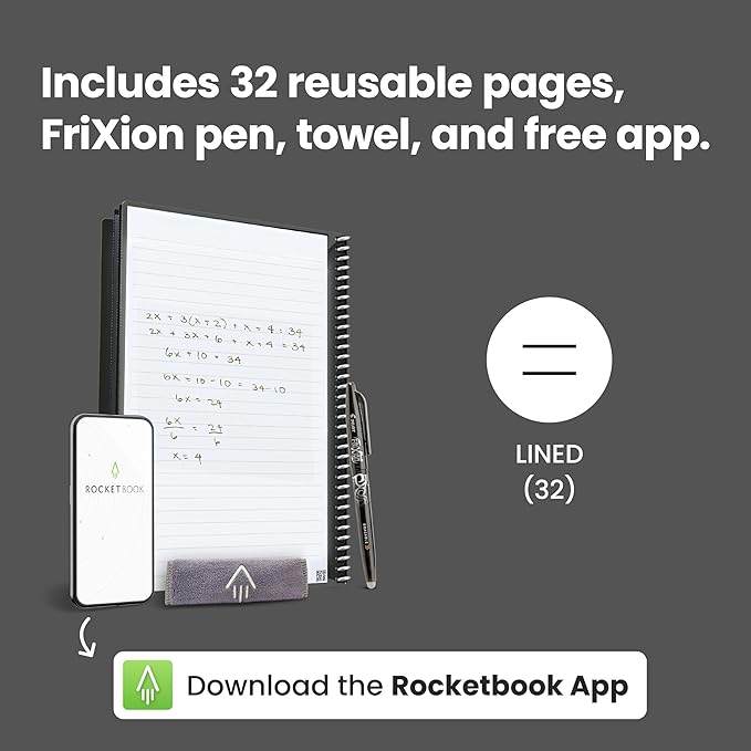 Rocketbook Core Reusable Spiral Notebook, Letter Size 8.5x11, Gray - Lined Pages, App-Connected, Erasable, Durable Cover, Ideal for School, Work, and Creative Projects