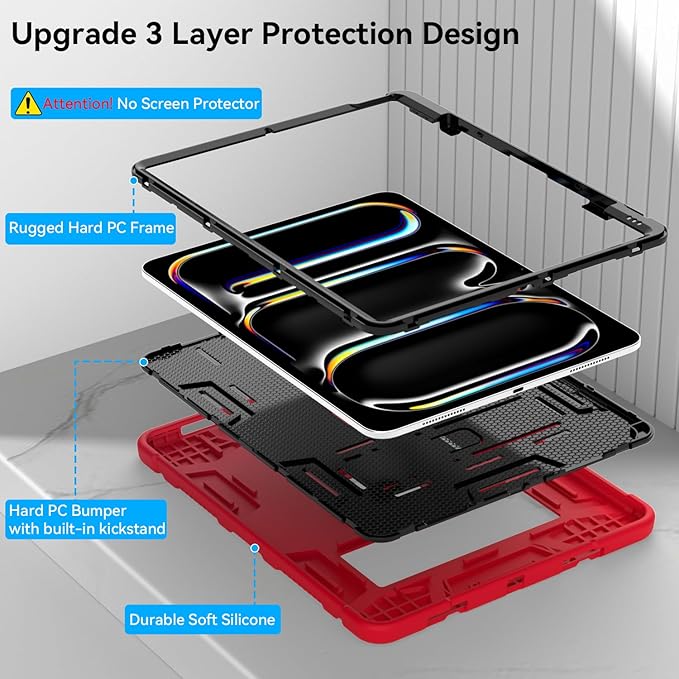 Case for iPad Pro 13 Inch Case (M5 2025/ M4 2024) with Pencil Holder, Built-in Stand, Military Grade Shockproof Protective Cover for iPad Pro 13" 8th/ 7th (Red)