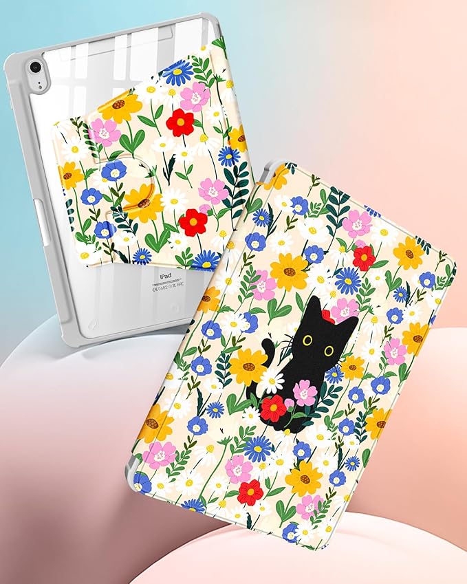 Uppuppy for iPad mini 7 Case (A17 Pro) for iPad mini 6th Generation Case - 360 Rotating Stand Folio Smart Cover with Pencil Holder for Women Girls, Cat & Flowers for Apple Tablet Mini 8.3” 2024/2021