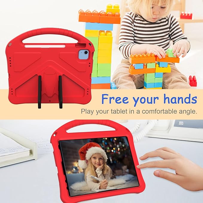 Kids Case for iPad A16 11th/10th Generation 2022/2025 11-Inch iPad Cover with Pencil Holder, Techcircle Lightweight Shockproof EVA Foam Rugged Handle Stand Anti-Slip Grip Protective Case, Red