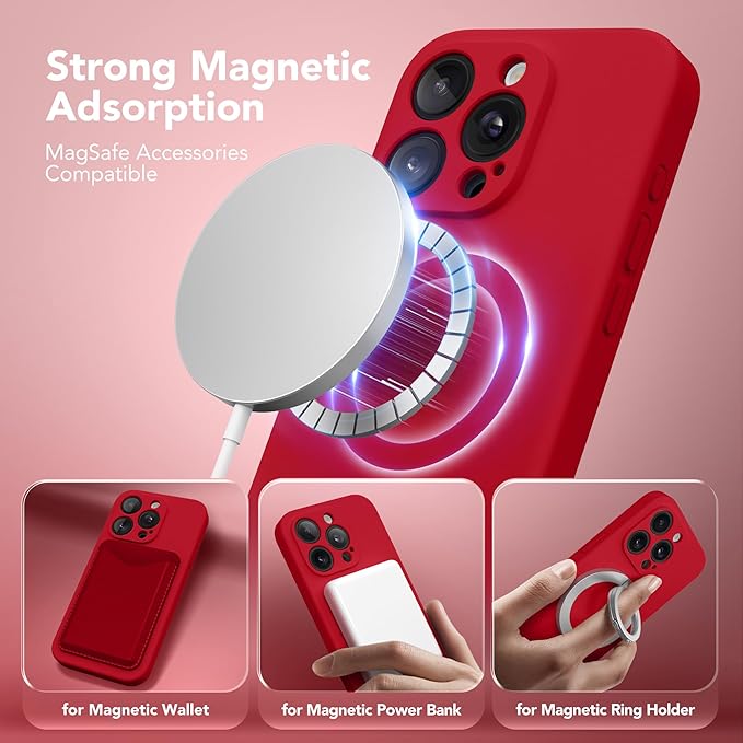 Magnetic for iPhone 13 Pro Case, Compatible with MagSafe, [Full Camera Protection][Screen Protector] Silicone Shockproof Protective Phone Case for iPhone 13 Pro 6.1", Deep Red
