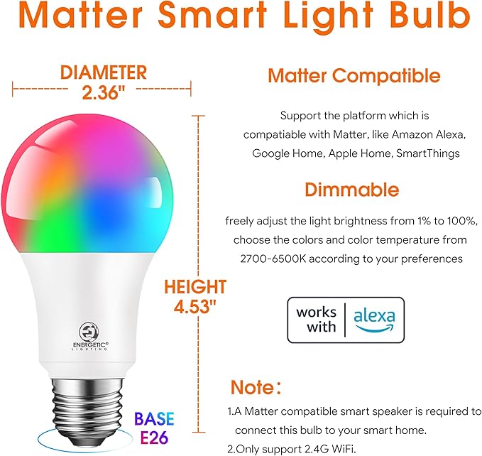 Energetic Matter Smart A19 LED Light Bulb, E26 RGB Color Changing Bulbs, Work with Alexa/Google Home/Apple Home/SmartThings, 60W Equivalent, 800LM, 2.4 Ghz WiFi Only, Smart Speaker Required, 2 Pack