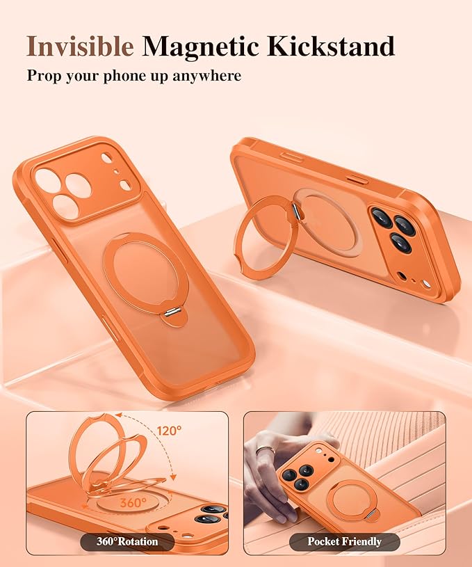 BERFY for iPhone 17 Pro Case, Compatible with MagSafe, Built in Privacy Screen Protector, Shockproof Full Body Phone Case for 17 Pro with Magnetic Stand, Translucent Orange