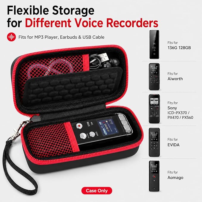 PAIYULE Case Compatible with 136G 128GB Digital Voice Recorder for Aiworth/for Sony ICD-PX370/ 470/560 for EVIDA/for Aomago Activated Recorder Fits for MP3 Player, Earbuds, USB Cable (Box Only) (Red)