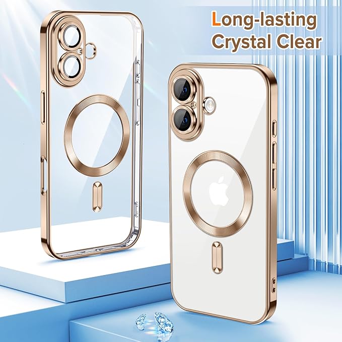 Hython Magnetic Clear for iPhone 16 Case with Camera Lens Protector [Compatible with MagSafe] Luxury Plating Edge Slim Soft TPU Cover Protective Phone Case for iPhone 16 6.1", Desert Brown