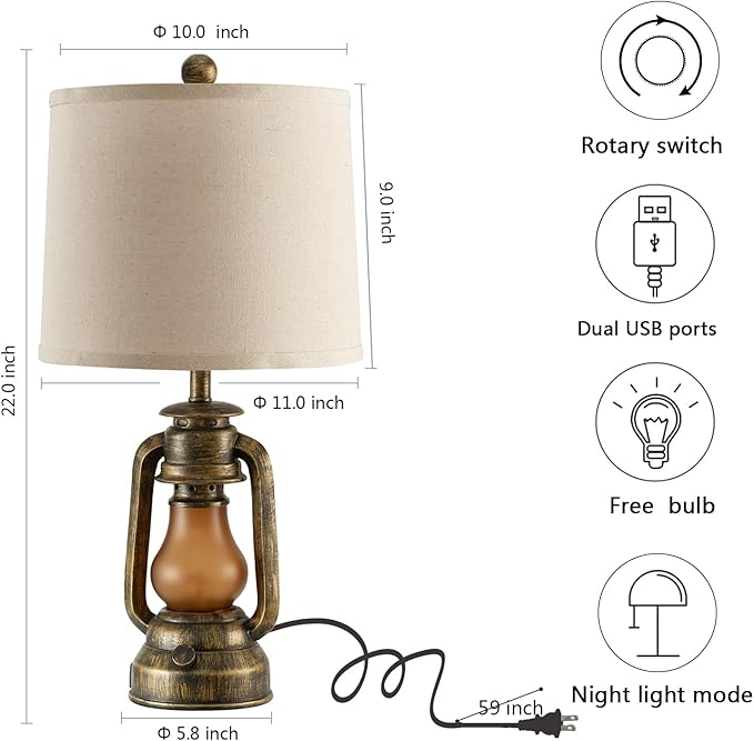 Set of 2 Farmhouse Lantern Table Lamps for Living Room with 2 USB Charging Ports, Rustic Vintage Nightstand Lamps with Nightlight for Bedroom End Table Entryway, 4 Bulb Included