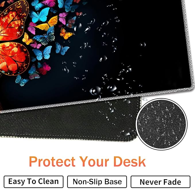 Extended Non-Slip Mouse Pad + Mouse Wrist Rest + Lace-Shaped Coaster Set, Ergonomic Design, Suitable for Desk and Home Gaming Table Mat, Colorful Tree Butterfly