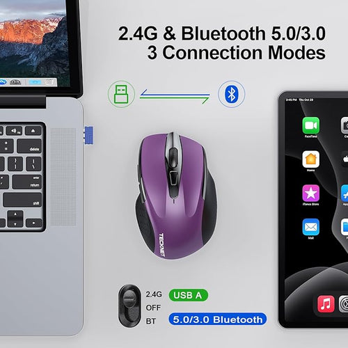 TECKNET Wireless Mouse (2.4G & BT5.0/3.0) Silent 4800 DPI Computer USB A & Bluetooth Mouse 6 Buttons, Wide Compatibility - Purple