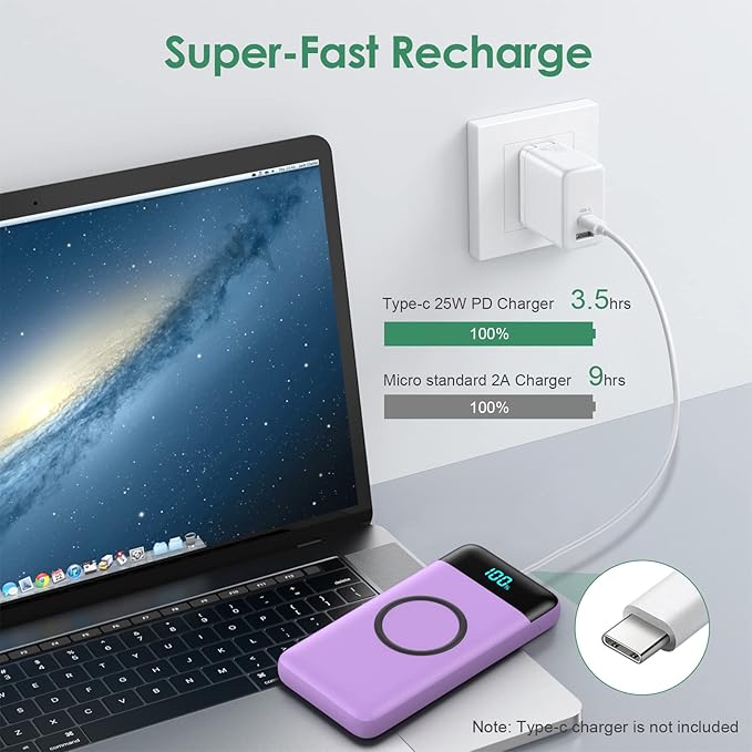 Wireless Portable Charger 30,800mAh,15W Wireless Charging USB C Power Bank,25W PD QC 4.0 Fast Charging 4 Outputs Travel Essentials Battery Pack Compatible with iPhone 17/16/15/14,Galaxy,Android-Purple