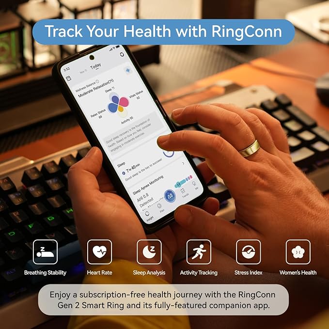 RingConn Gen 2, World’s First Smart Ring with Sleep Apnea Monitoring, No APP Subscription, 12-Day Battery Life, Stress/Heart Rate/Women's Health Tracker, Android & iOS Compatible (Gold, Size 11)