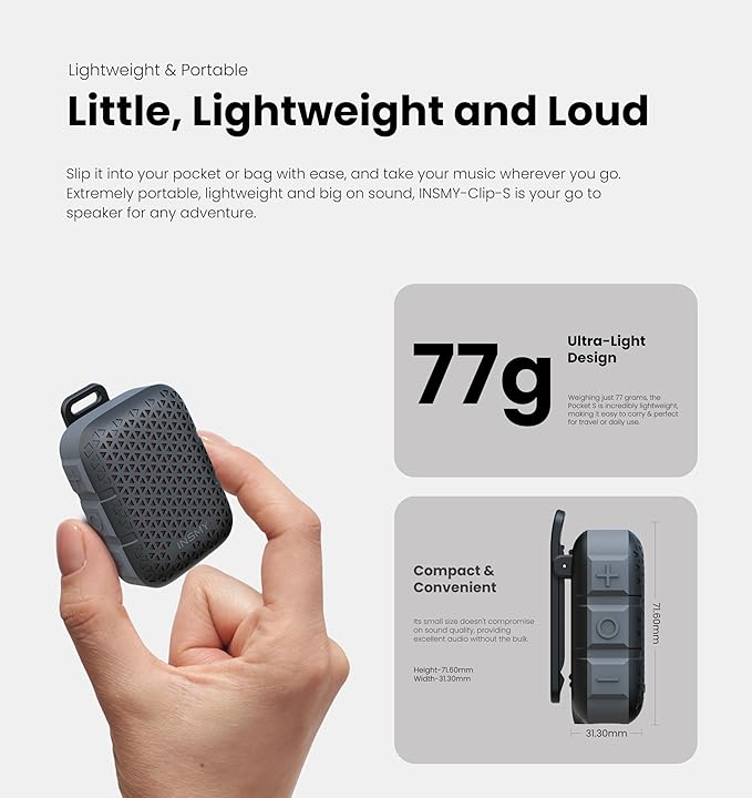INSMY Wearable Bluetooth Speakers,IP67 Waterproof,Clip-On Portable Small Personal Speaker/Clean Sound/Stereo Pair/Wireless/ENC Built-in Mic/Lightweight for Golf Work Pool Gift (Non-Magnetic) (Black)