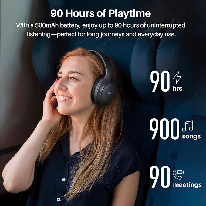 TOZO HT3 Hybrid Noise Cancelling Headphones, 90H Battery Life Wireless Over Ear Bluetooth 6.0 Foldable Headset, AI Voice Assistant with 5 Mics, Connect 2 Devices & Hi-Res Sound, 32 Audio EQ, with Case