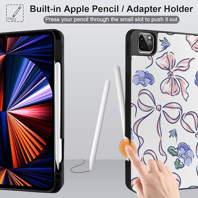 DONGKE Case for 2022/2021/2020/2018 iPad Pro 11 inch Gen 4/3/2/1 - Slim Protective Case - Built in Pencil Holder Support Charging - Trifold Stand & Sleep/Wake Cover- Pansies Flower